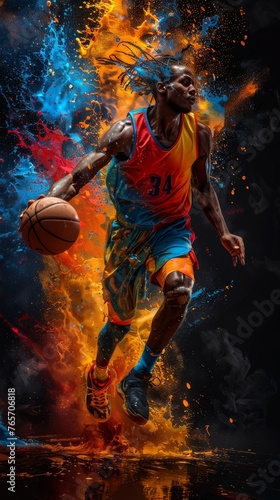 A basketball player is in the air with a basketball in his hand