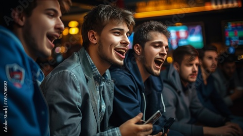A group of men are laughing and one of them is holding a cell phone
