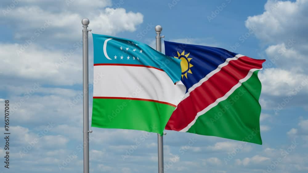 Uzbekistan and Namibia two flags waving together, looped video, two country relations concept Uzbekistan and Namibia two flags waving together, looped video, two country relations concept