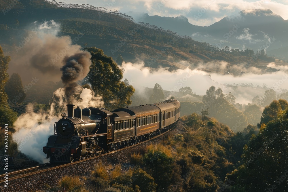 Misty Mountain Train Ride - obrazy, fototapety, plakaty 