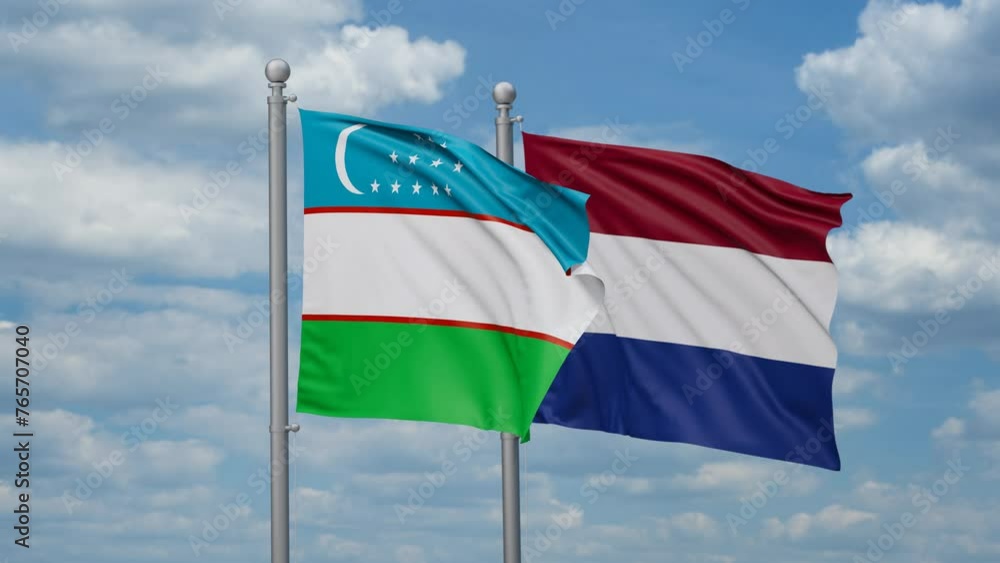 Netherlands and Uzbekistan two flags waving together, looped video, two country relations concept Netherlands and Uzbekistan two flags waving together, looped video, two country relations concept