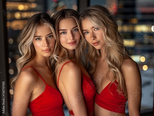 Three women in red tank tops pose for a photo