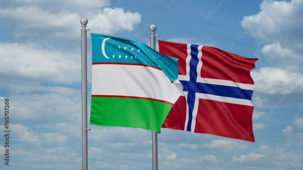 Norway and Uzbekistan two flags waving together, looped video, two country relations concept Norway and Uzbekistan two flags waving together, looped video, two country relations concept