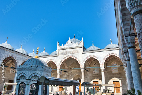 ISTANBUL, TURKEY - MARCH 23, 2024: Courtyard of the New Mosque known also as Yeni Cami in Istanbul, Turkey photo