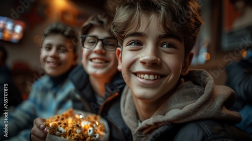 A boy is smiling and holding a bowl of popcorn