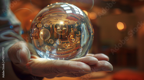 Businessman's Hand Holding Crystal Ball with Financial Symbols