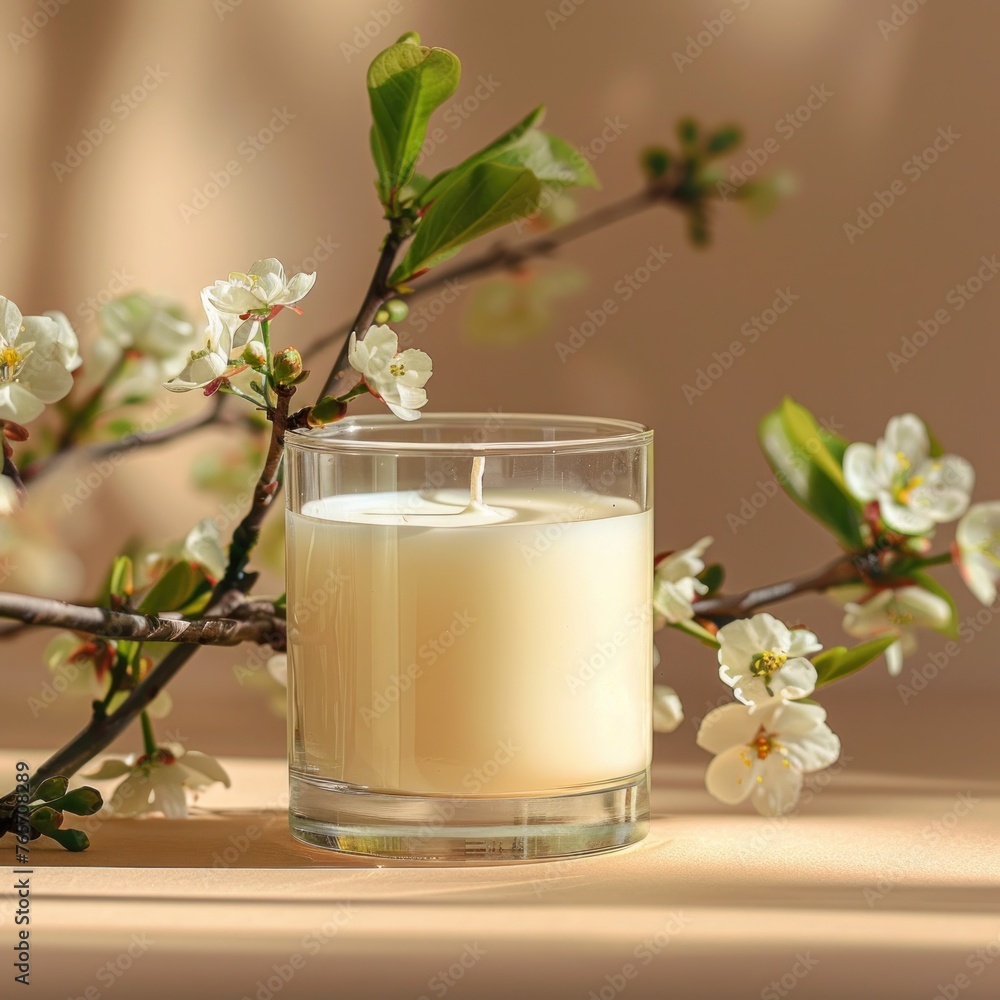 blank scented candle clear glass mock up spring vibes A scented candle in a clear glass holder brings a touch of spring indoors with delicate white blossom branches blank scented candle clear glass mock up spring vibes A scented candle in a clear glass holder brings a touch of spring indoors with delicate white blossom branches