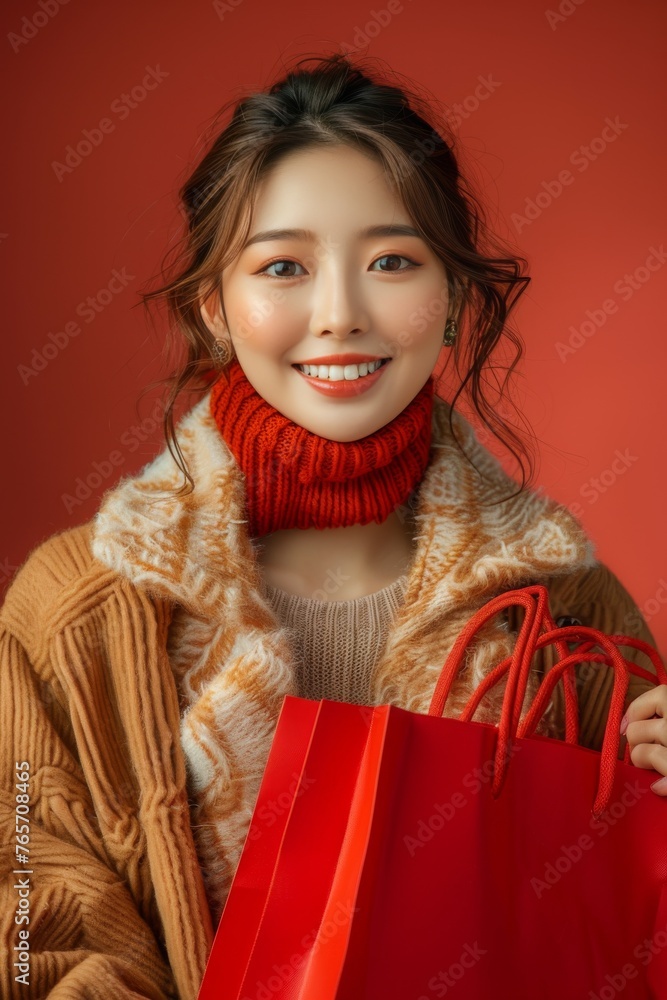 A woman is smiling and holding a red bag