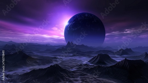 A large purple planet is floating in the sky above a vast  empty landscape