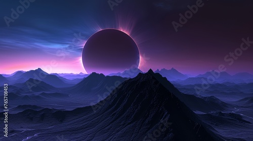 A large purple planet is floating in the sky above a vast, empty landscape © jiawei