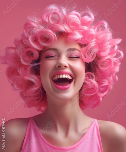A woman with pink hair is smiling and laughing