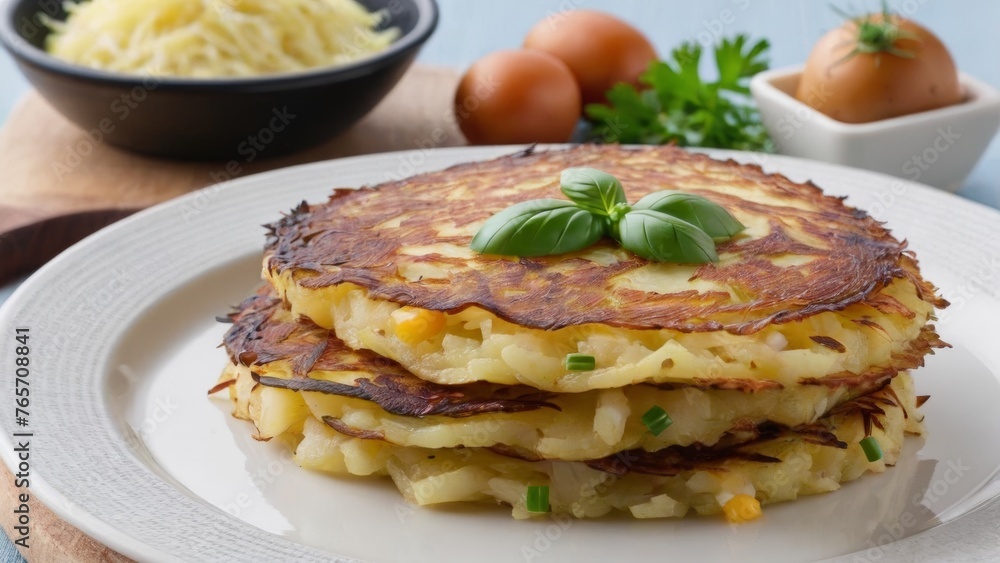 Homemade pancakes with grated potatoes and sour cream Homemade pancakes with grated potatoes and sour cream