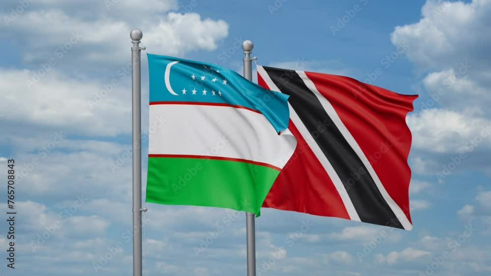 Trinidad and Tobago and Uzbekistan two flags waving together, looped video, two country cooperation concept Trinidad and Tobago and Uzbekistan two flags waving together, looped video, two country cooperation concept