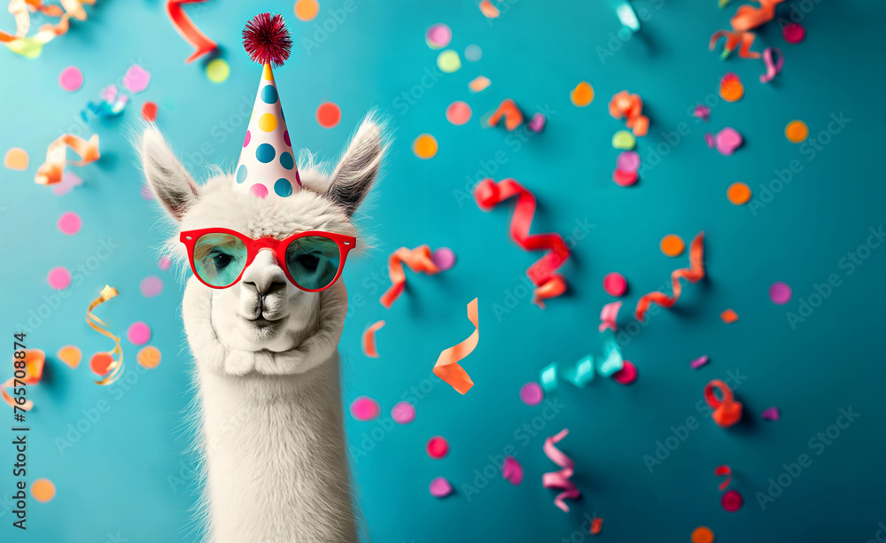 Fototapeta premium Alpaca on a congratulatory background with confetti