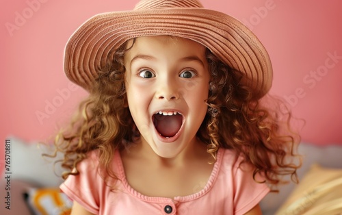 A young girl with curly hair is wearing a pink shirt and a straw hat