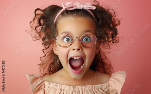 A young girl with curly hair and glasses is making a surprised face