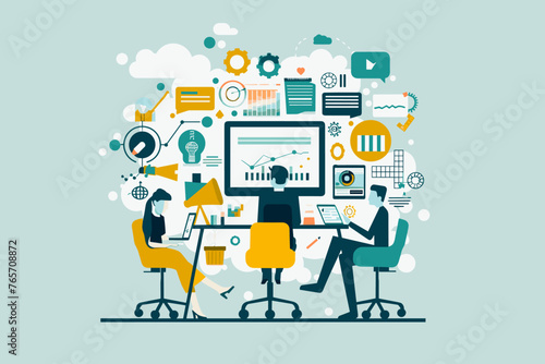 Business Support Concept - Help Desk, FAQ, Customer Service. People with Magnifying Glass Searching for Solutions, Useful Information. Web Banner, Social Media Ad.