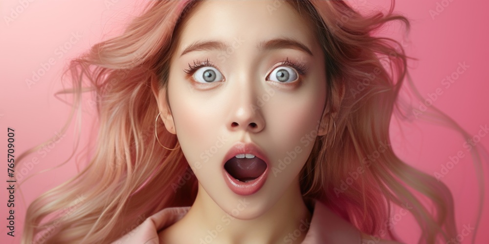 Fototapeta premium A woman with pink hair and pink lips is making a surprised face