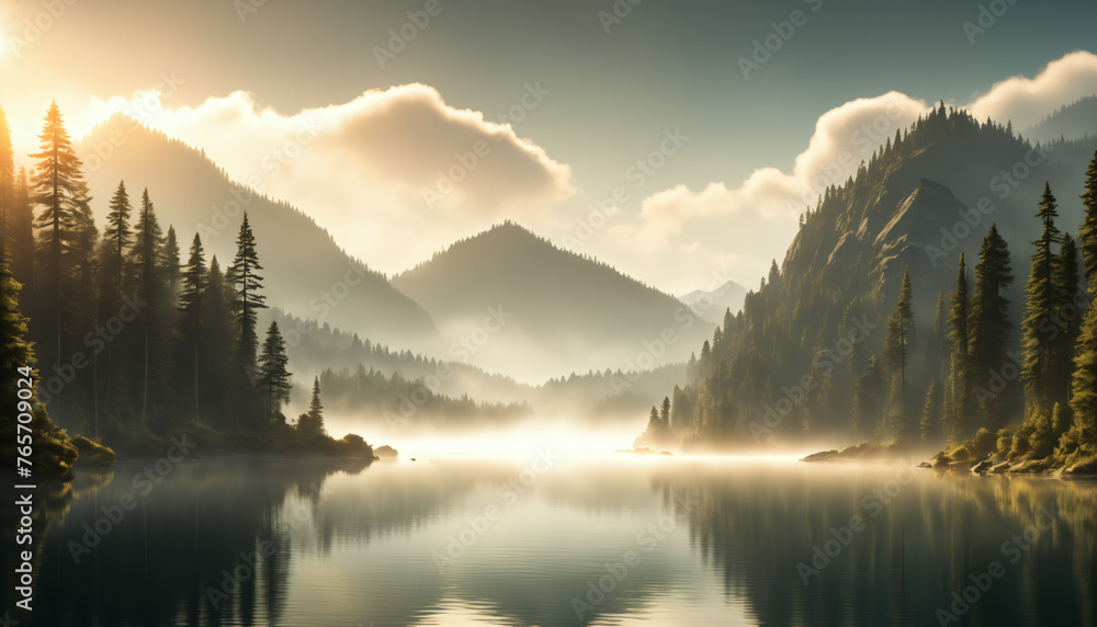 Misty Mountain Lake Scenery at Sunrise