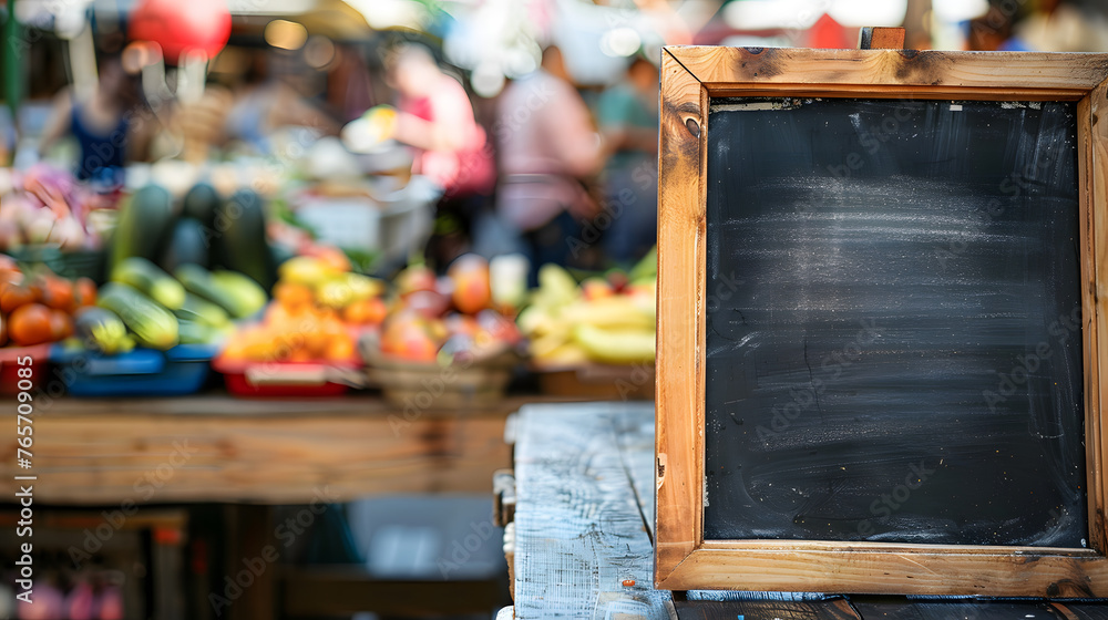 Busy street food market with an empty chalk board for text, chalk board customy style, background Busy street food market with an empty chalk board for text, chalk board customy style, background
