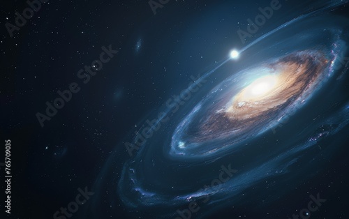A spiral galaxy with a bright orange center and a blue background