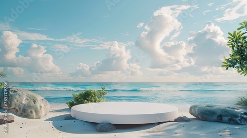 Serene Beach Scene with 3D Podium for Luxury Display