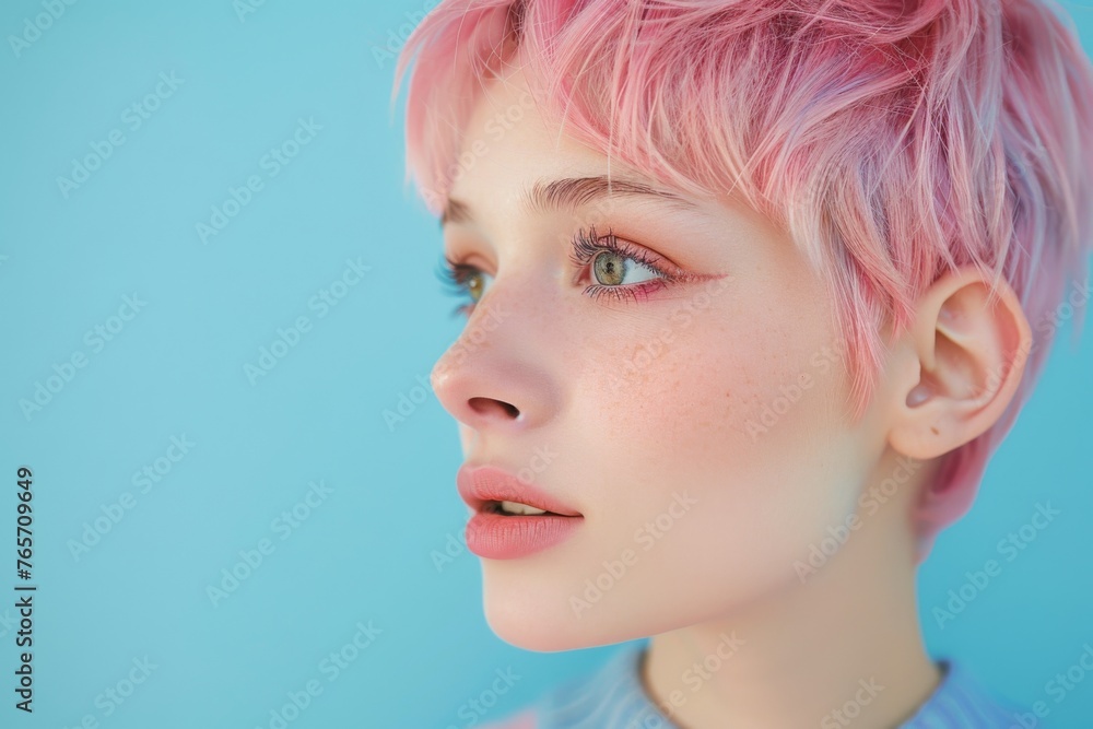 Young Woman with Pastel Pink Hair and Freckles
