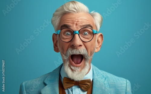 A man with a beard and glasses is wearing a blue suit and a bow tie