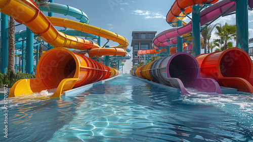 low angle view of water slides at fun waterpark, summertime fun for family and kids, outdoor activities