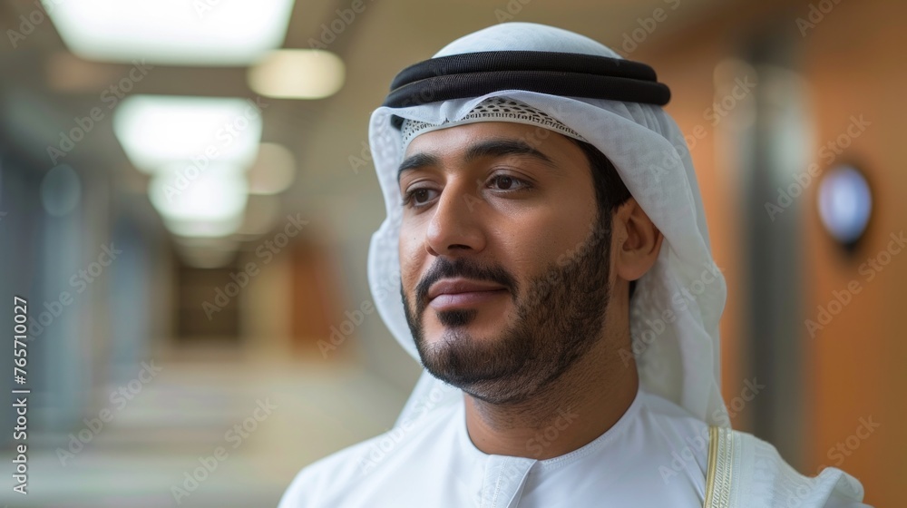 Happy Emirati Arab at office wearing Kandura looking at front ideal for Middle East business concept Happy Emirati Arab at office wearing Kandura looking at front ideal for Middle East business concept