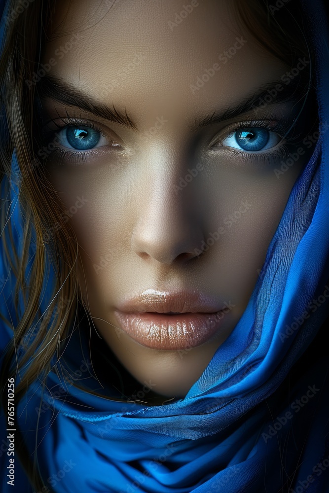 A woman with blue eyes and a blue scarf A woman with blue eyes and a blue scarf