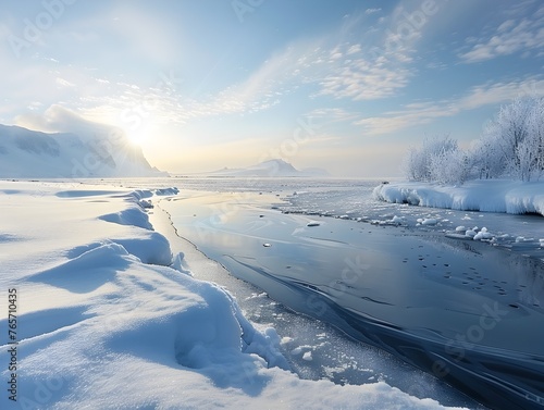 Breathtaking Frozen Lakeside Landscape at Serene Sunrise or Sunset