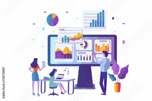 Business team analyzing market research data, marketing survey results and competitor reports, looking at charts and graphs with magnifying glass to launch new product, strategic planning concept.