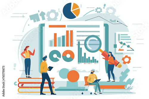 Business team analyzing market research data, marketing survey results and competitor reports, looking at charts and graphs with magnifying glass to launch new product, strategic planning concept.