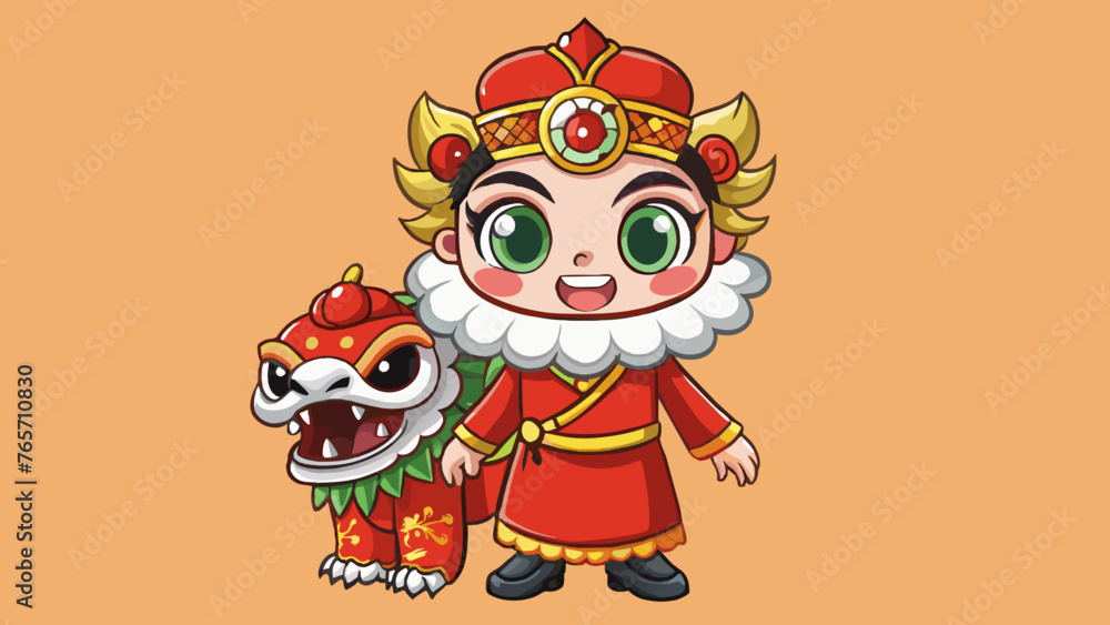 Naklejka premium hand-drawn-Chinese-lion-dance-with-Chinese-girl vector illustration