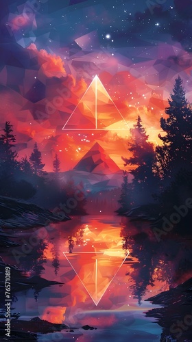 Geometric Wilderness Landscape with Ethereal Aurora and Celestial Lights Reflecting in Lake