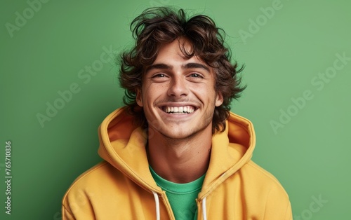 A young man with curly hair is smiling and laughing
