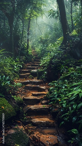 Capture the thrill of trekking through dense jungles with a dynamic eye-level angle Show the lush foliage  mysterious paths  and sense of adventure