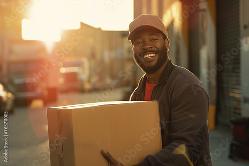 ENTREGADOR SORRINDO SEGURANDO CAIXA TRANSPORTADORA