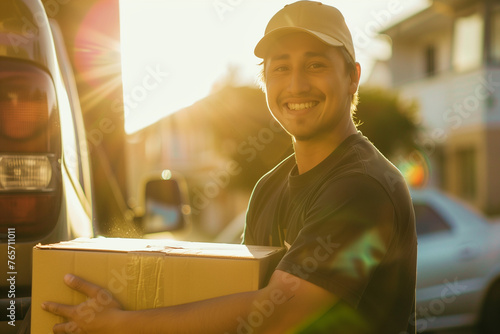 ENTREGADOR SORRINDO SEGURANDO CAIXA TRANSPORTADORA