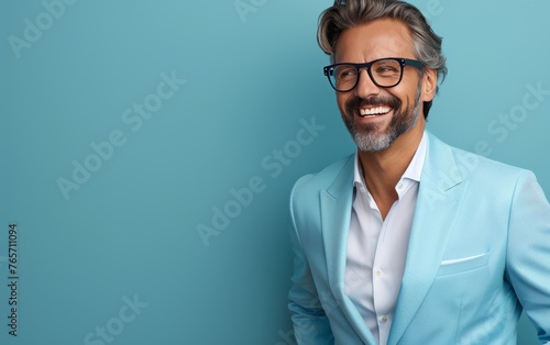 A man in a blue suit and white shirt is smiling and wearing sunglasses