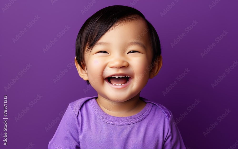 A young boy is smiling and wearing a purple shirt A young boy is smiling and wearing a purple shirt