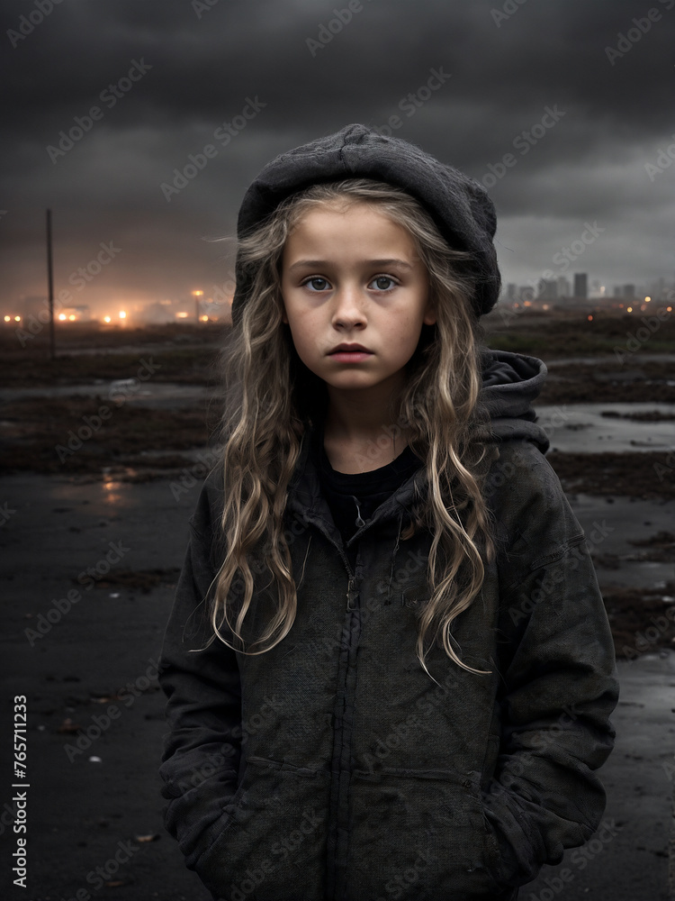 Homeless girl. Social problems concept. Background for banner, flyer, advertising Homeless girl. Social problems concept. Background for banner, flyer, advertising