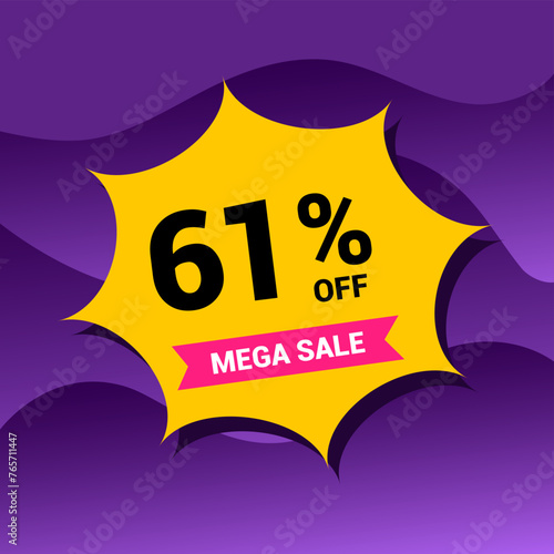 61% sale badge vector illustration on a purple gradient background. Sixty one percent price tag. Yellow and purple.