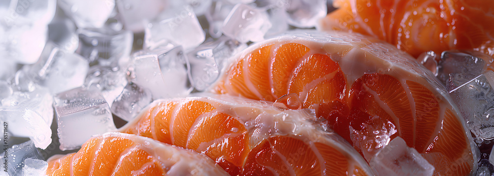 salmon steak slices in ice cubes salmon steak slices in ice cubes