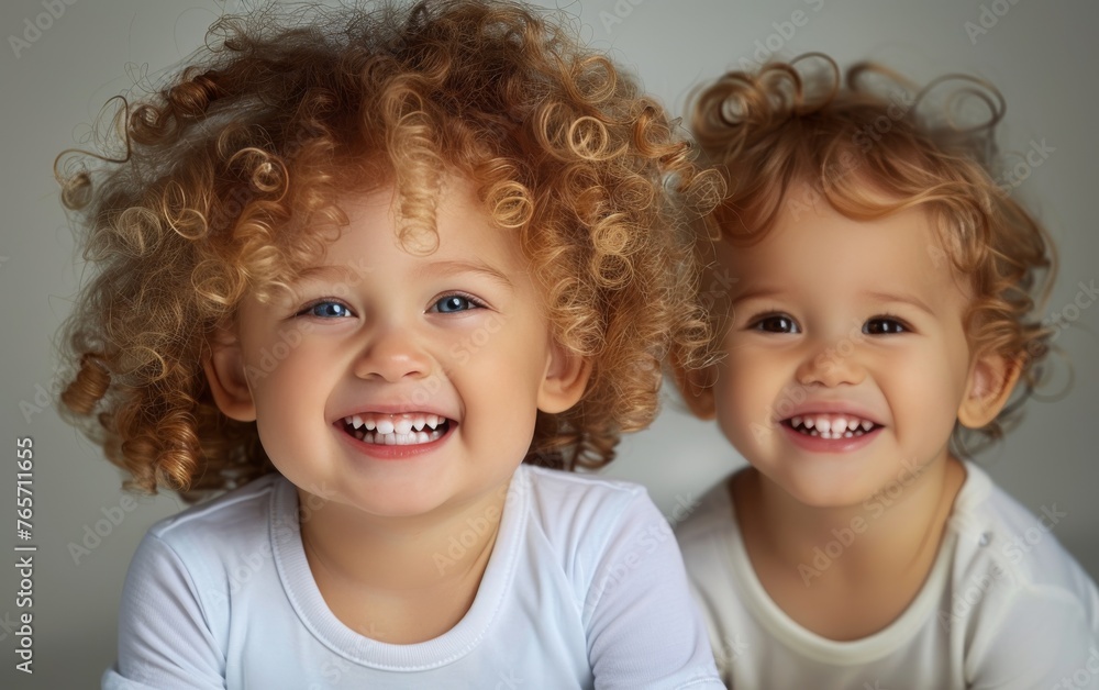 Two young children are smiling and posing for a picture Two young children are smiling and posing for a picture