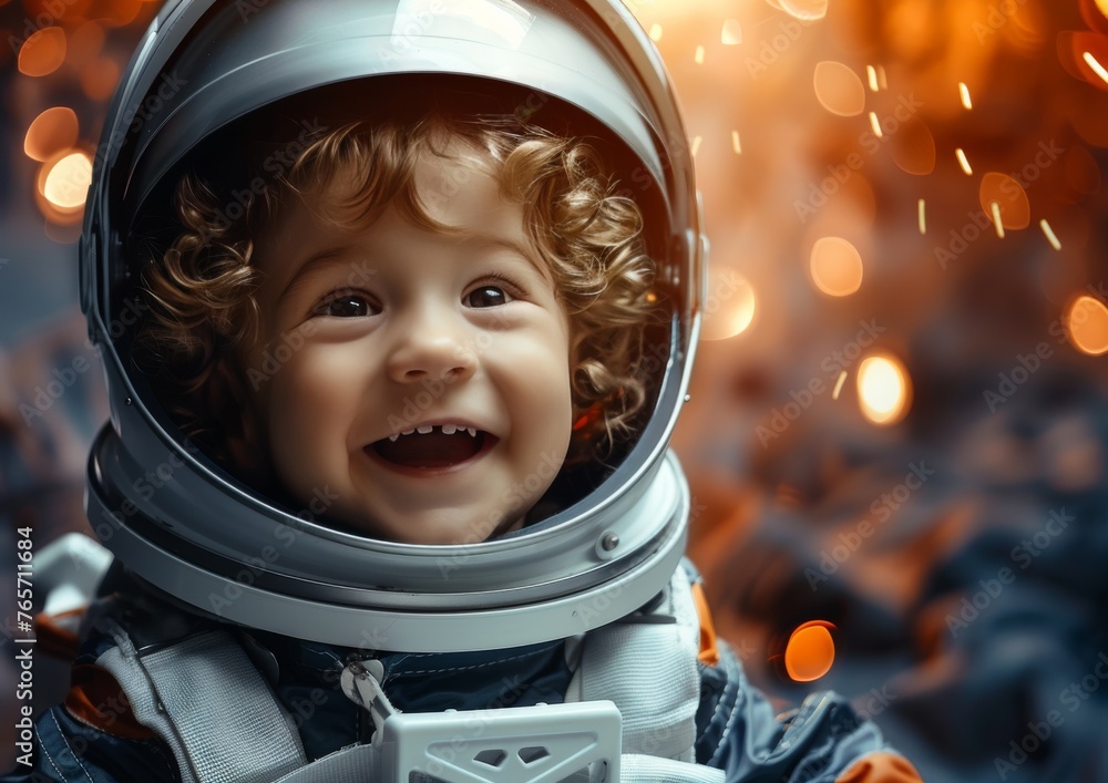 A young boy in a space suit is smiling and looking up at the sky A young boy in a space suit is smiling and looking up at the sky