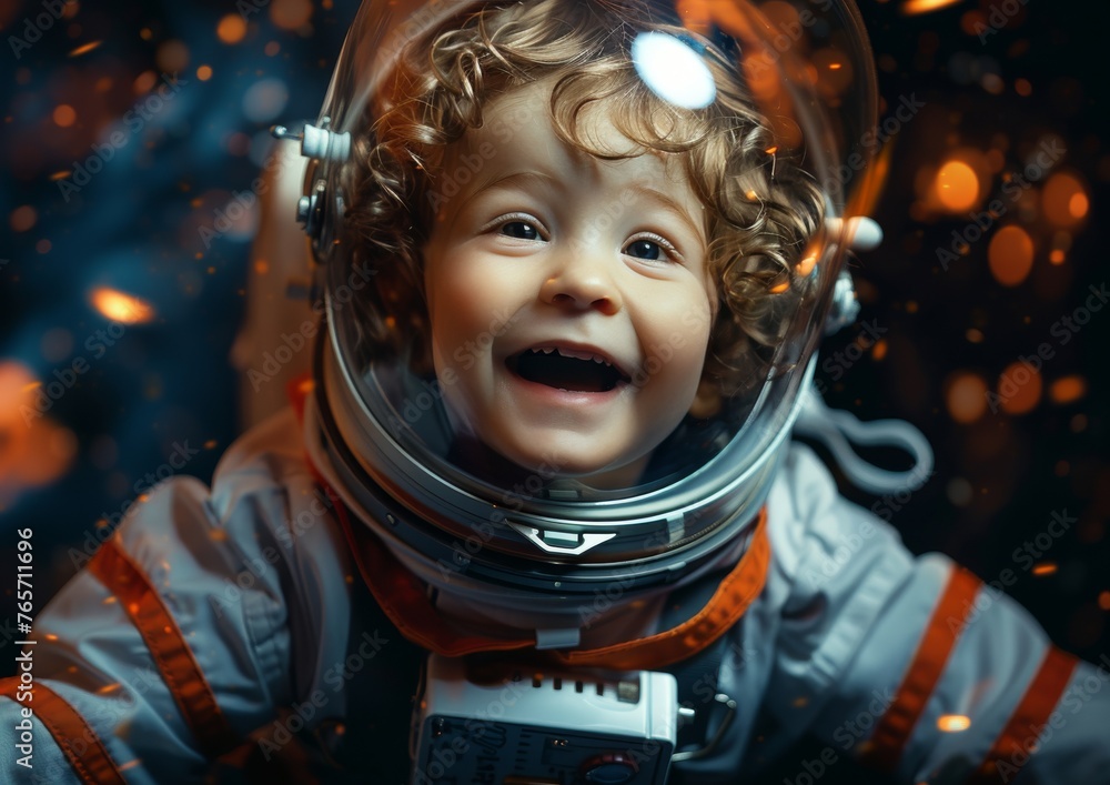 A young boy in a space suit is smiling and looking up at the sky A young boy in a space suit is smiling and looking up at the sky