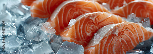 salmon steak slices in ice cubes