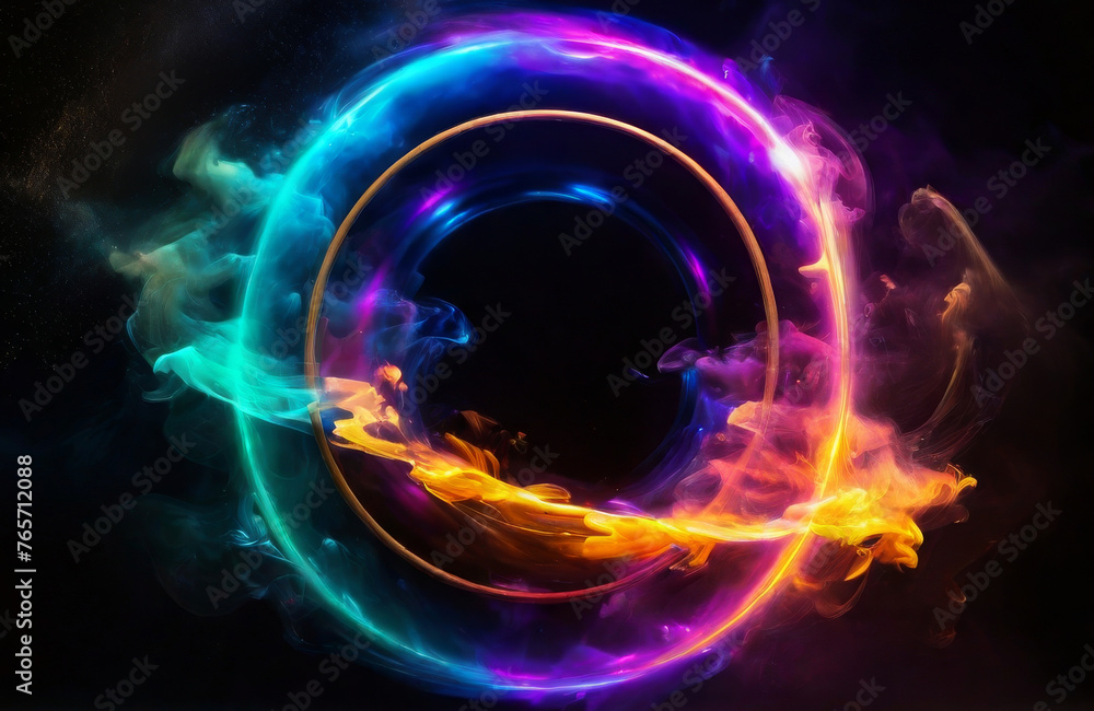 Neon circle with multicolored smoke on a black background. AI Neon circle with multicolored smoke on a black background. AI